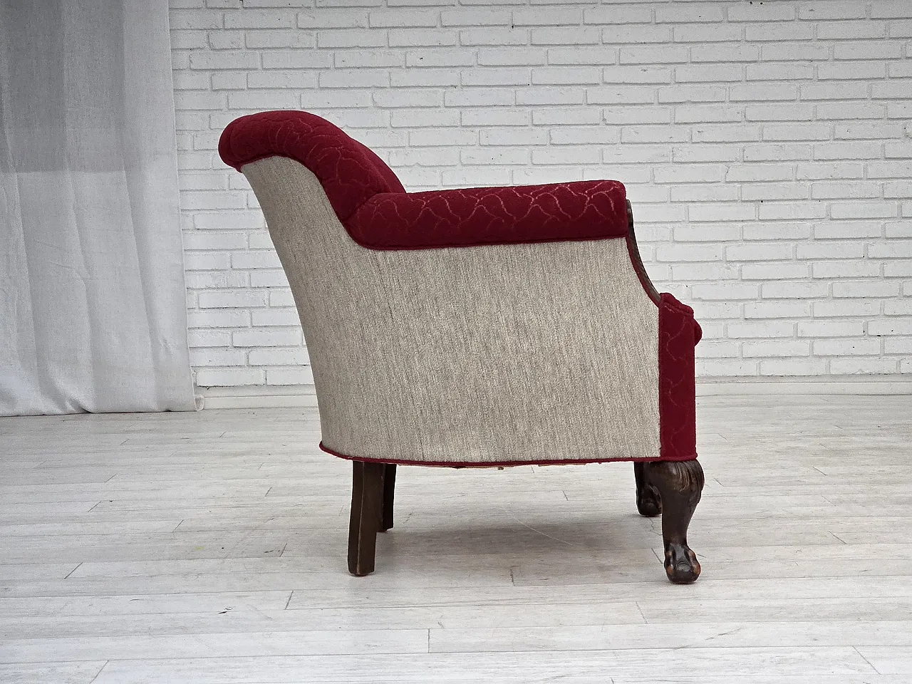 Danish armchair, wool, carved oak wood, 1950s 8