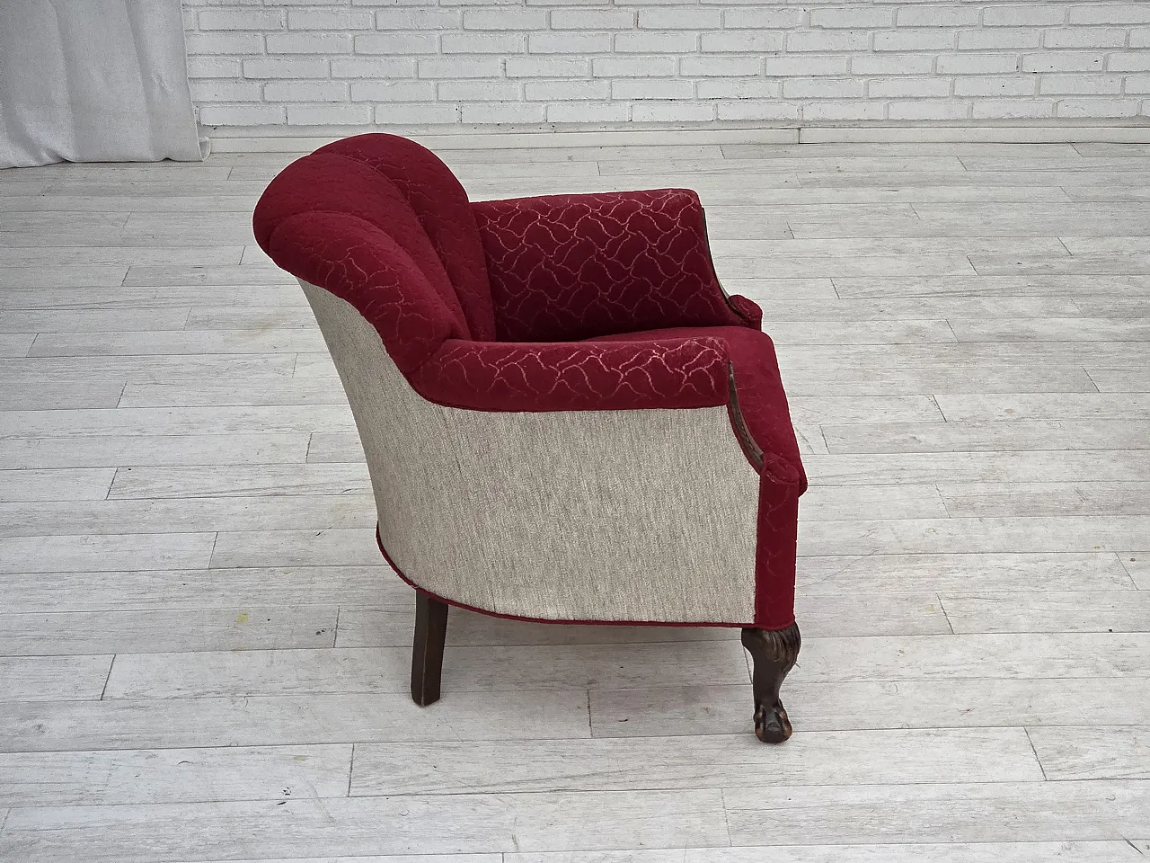 Danish armchair, wool, carved oak wood, 1950s 9