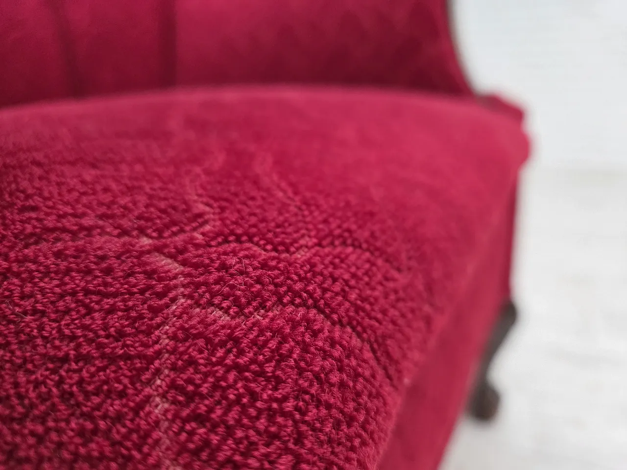 Danish armchair, wool, carved oak wood, 1950s 10