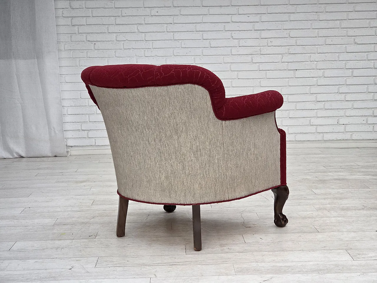 Danish armchair, wool, carved oak wood, 1950s 11