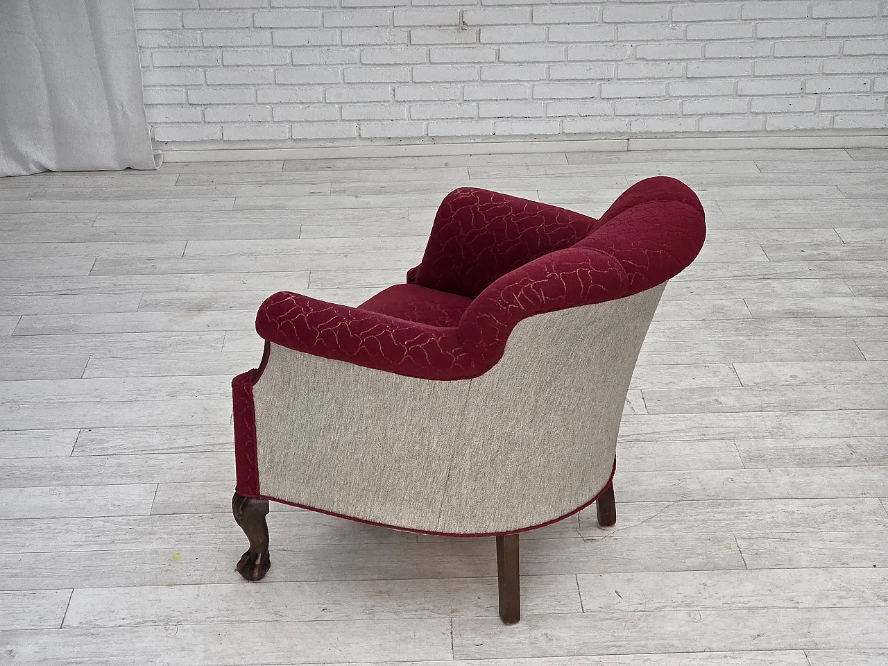 Danish armchair, wool, carved oak wood, 1950s 14