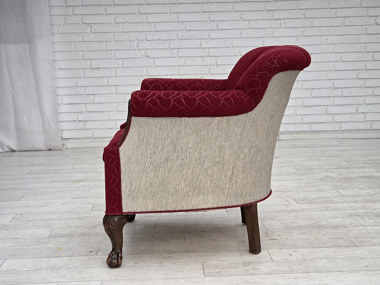 Danish armchair, wool, carved oak wood, 1950s 16