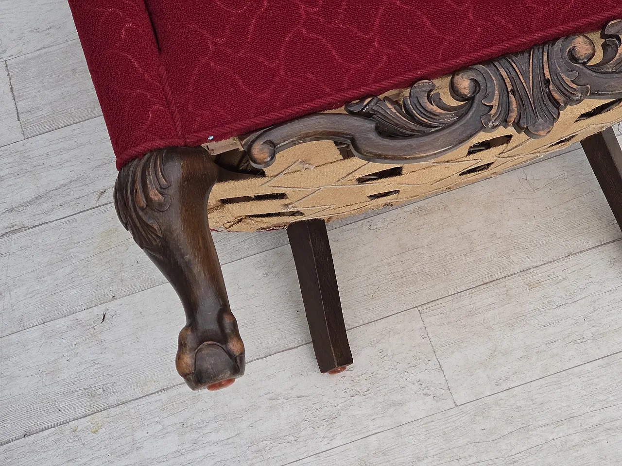 Danish armchair, wool, carved oak wood, 1950s 20