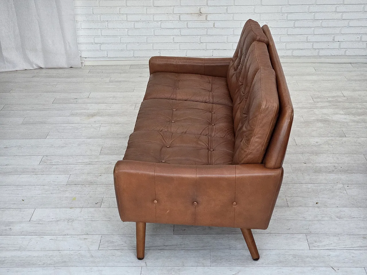 Divano danese a 3 posti, mobili in pelle marrone con patina, anni '70 15