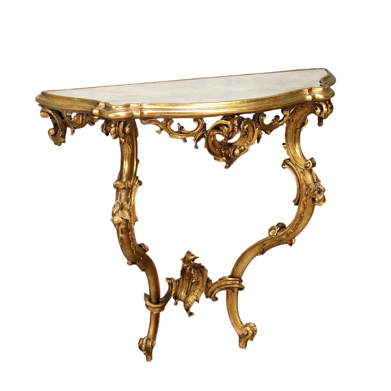 Carved and gilded wooden console table with marble top, 20th century 12
