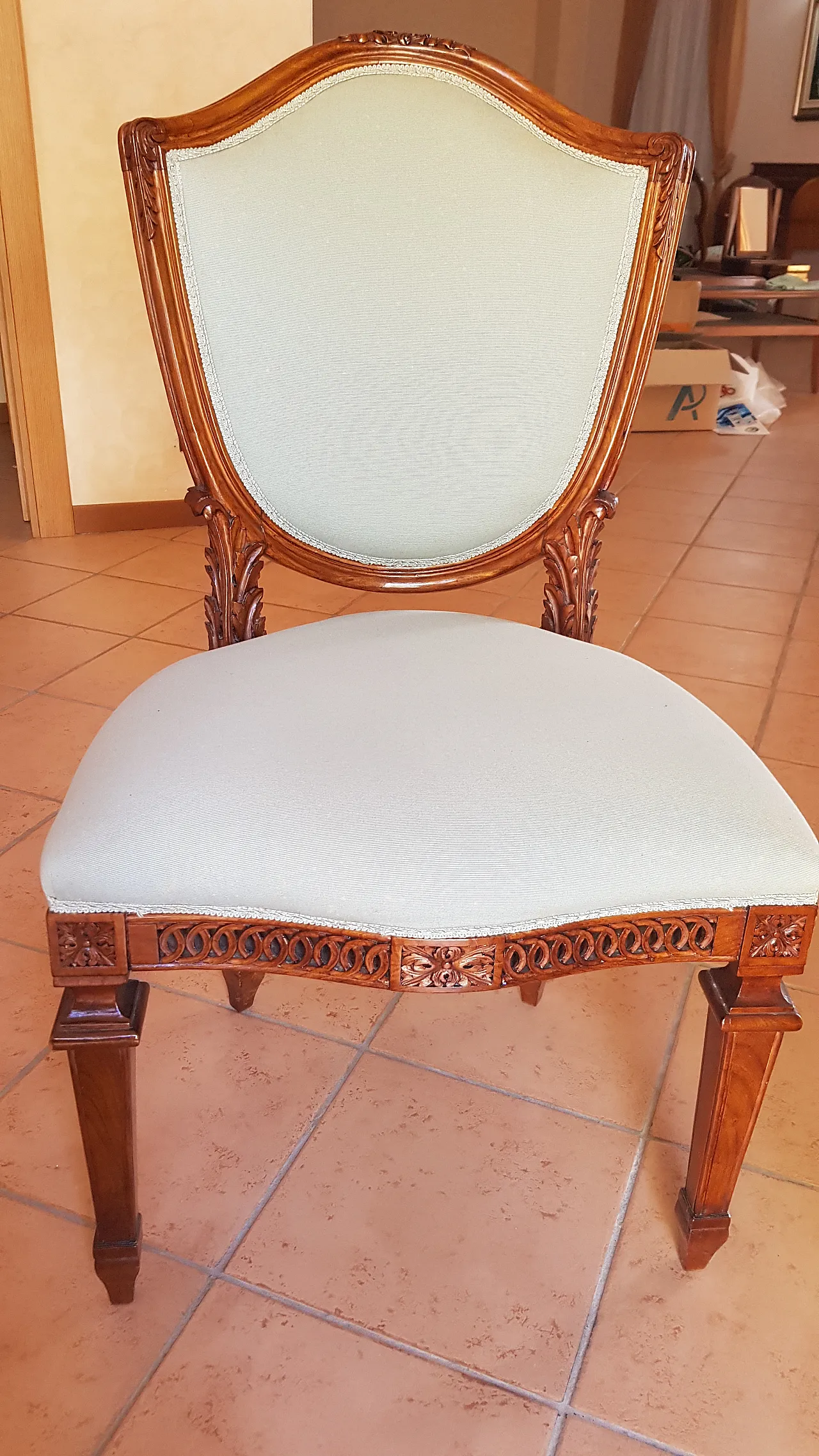 Louis XVI style desk chair in carved walnut, 20th century 1