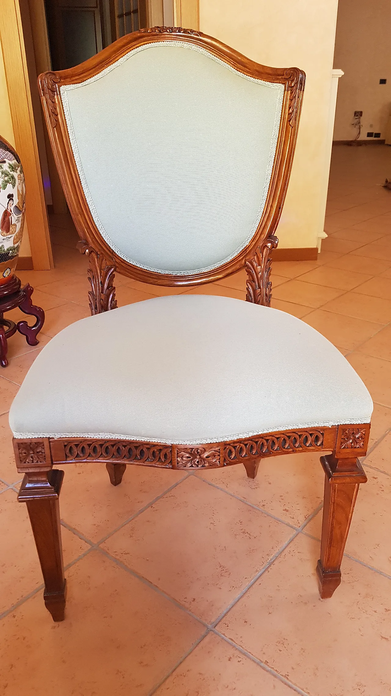 Louis XVI style desk chair in carved walnut, 20th century 2