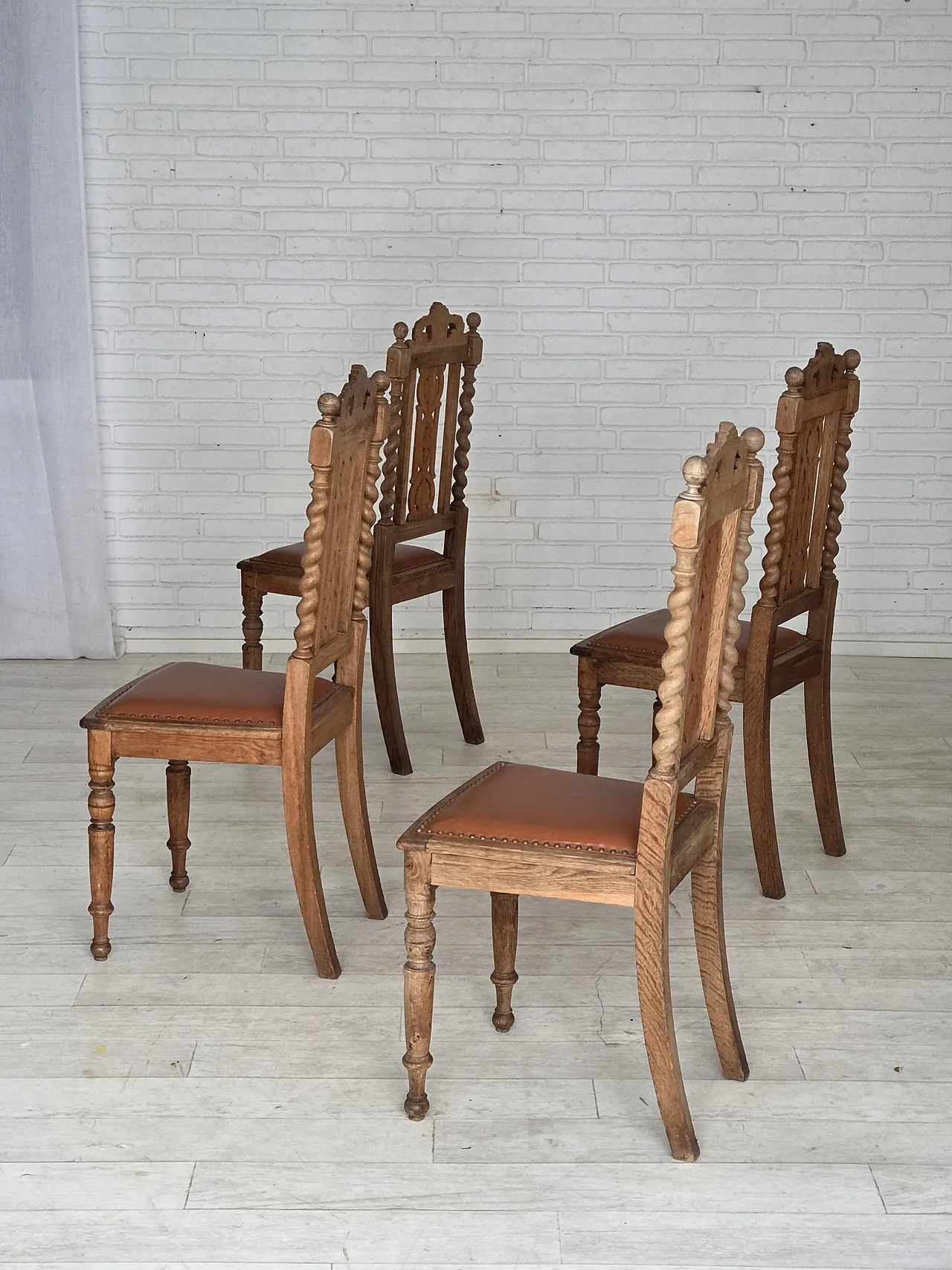 4 sedie da pranzo danesi, legno di quercia in pelle, anni '30 20