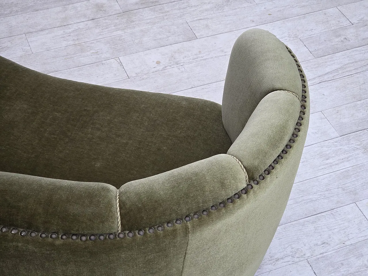 Divano danese "Banana" a 2 posti in velluto, quercia, anni '70 12