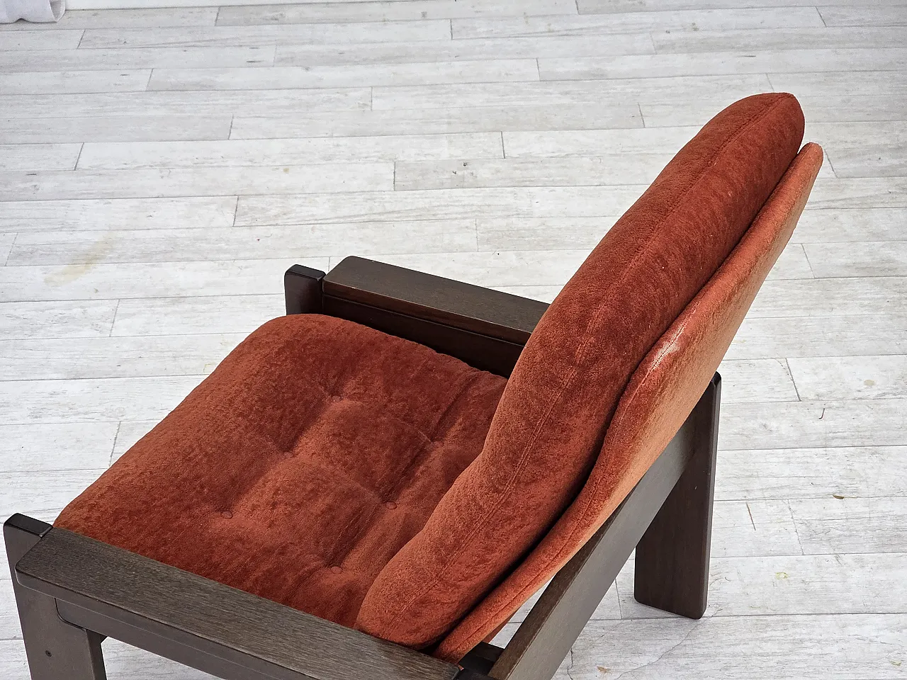 Poltrona danese in velluto arancione/rosso quercia scura, anni '70 14