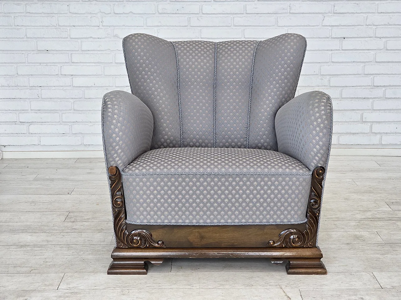 Danish armchair, fabric, carved oak wood, 1950s 1