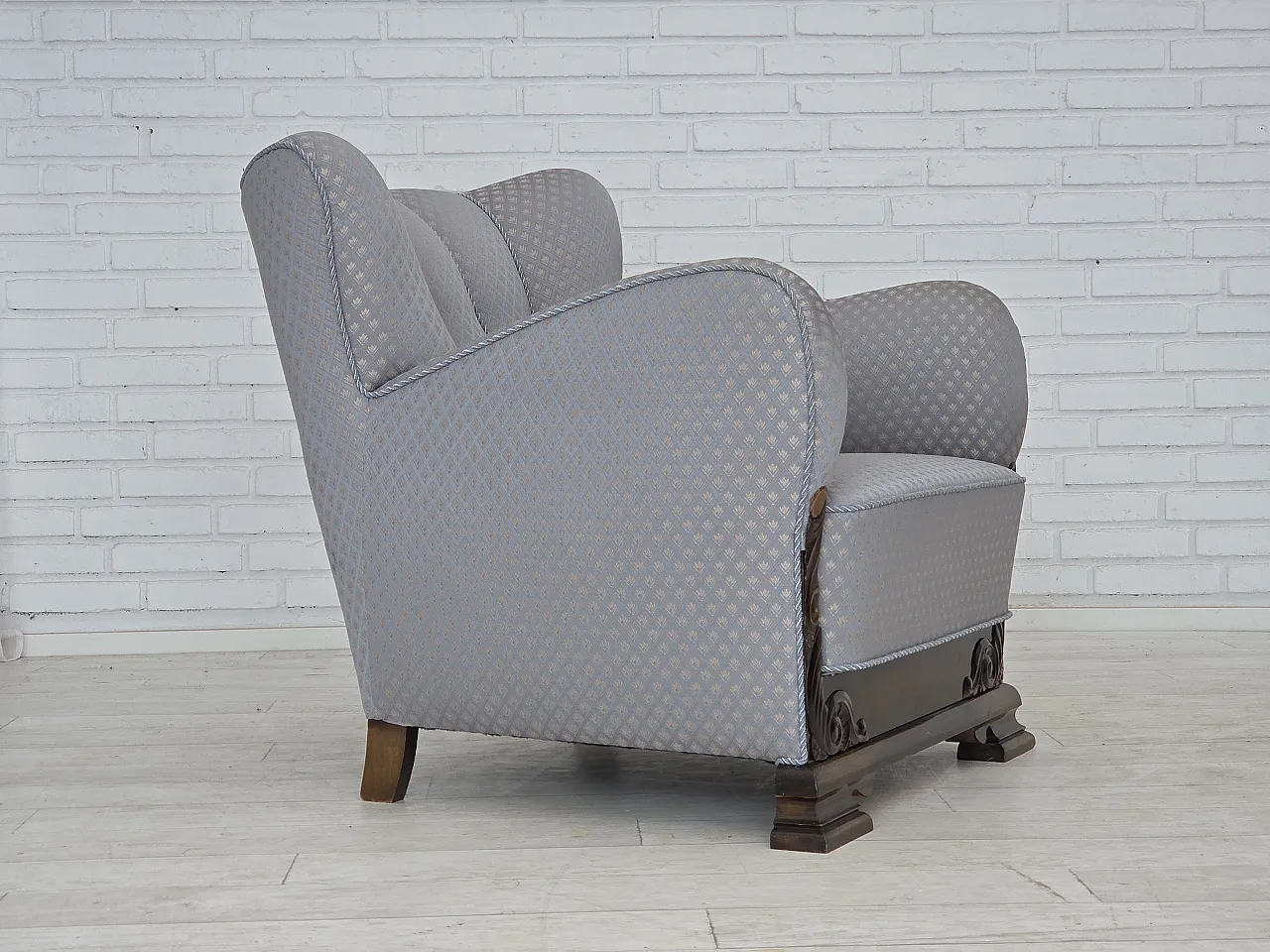 Danish armchair, fabric, carved oak wood, 1950s 2
