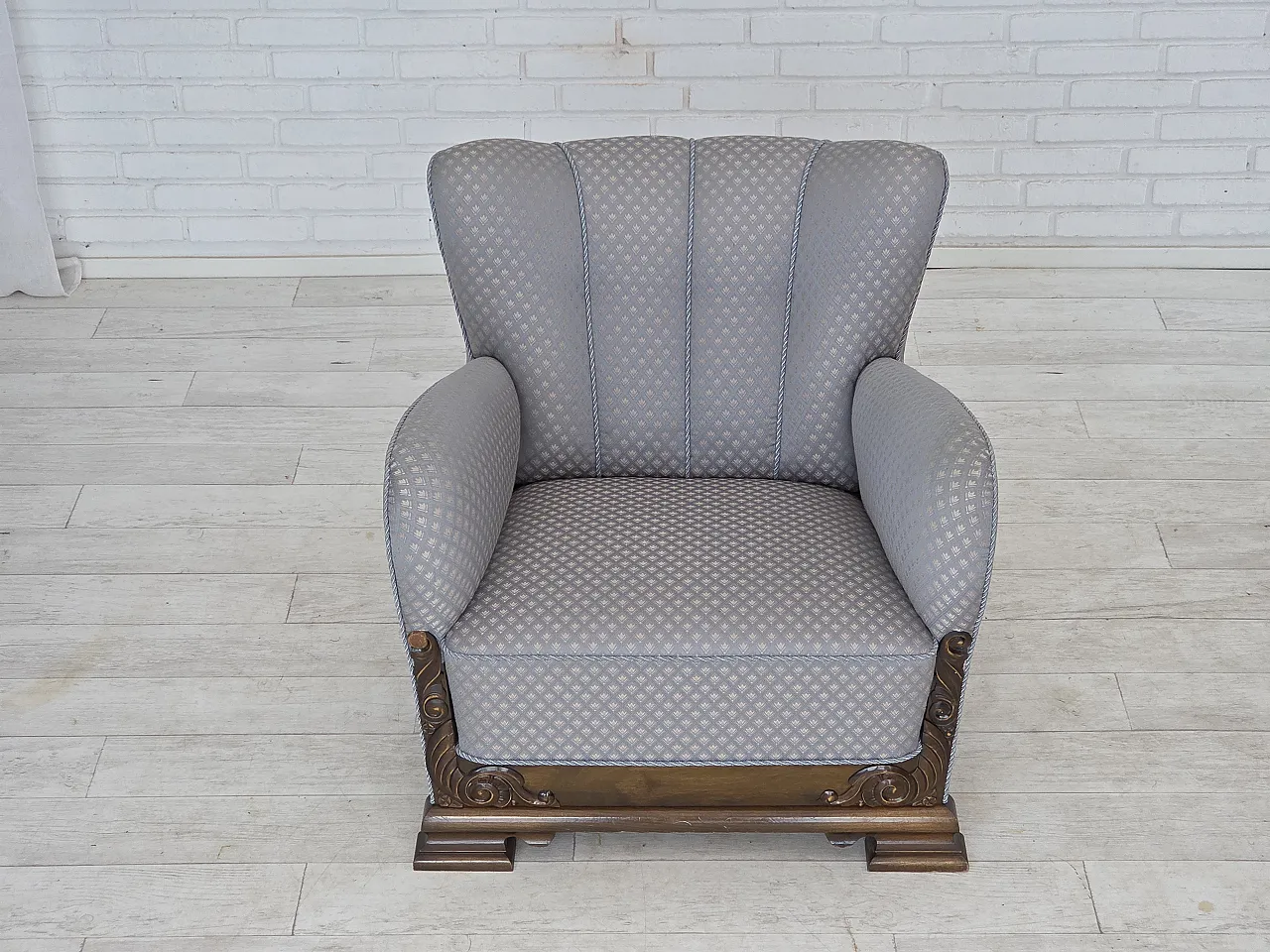 Danish armchair, fabric, carved oak wood, 1950s 5