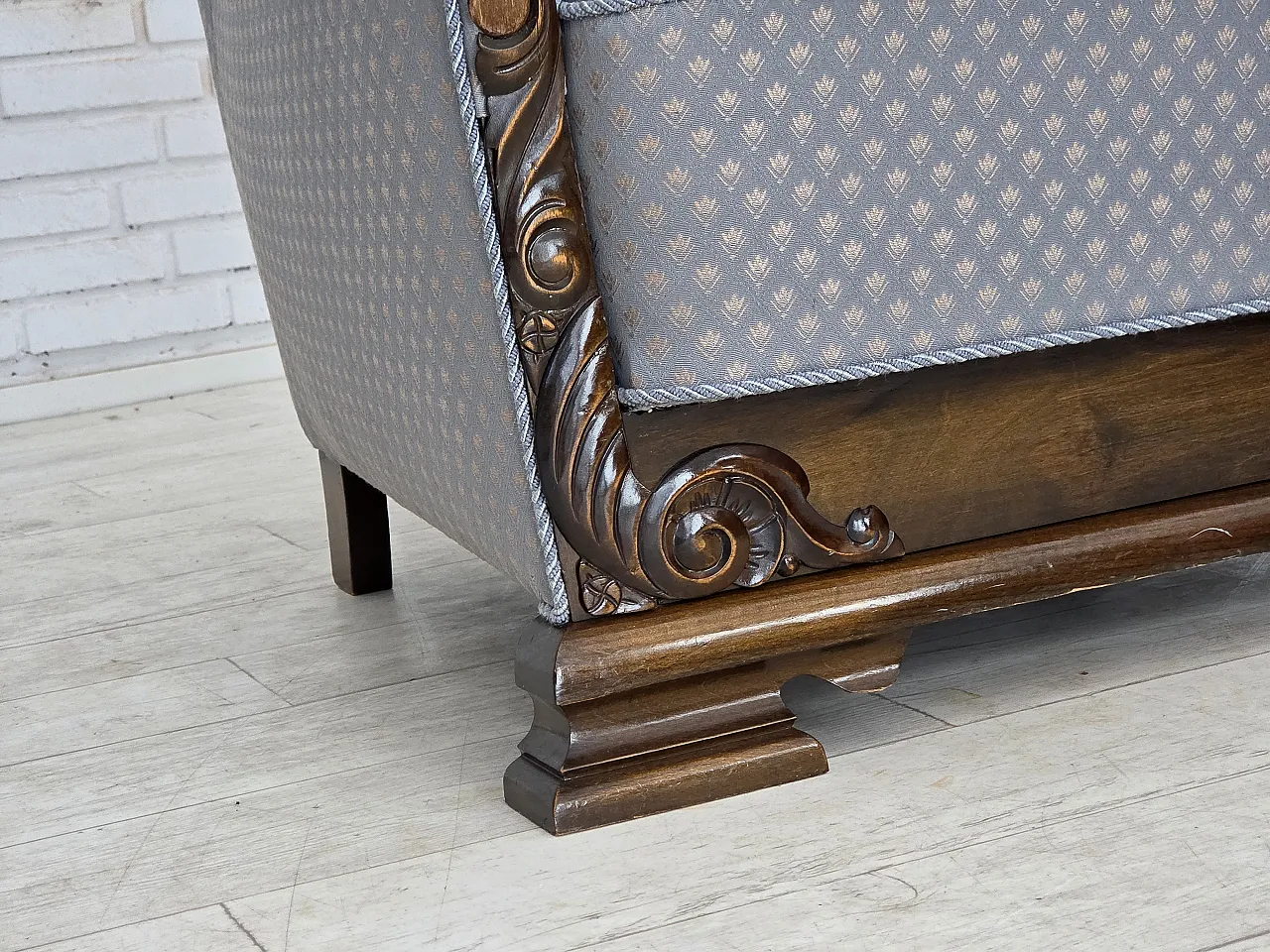 Danish armchair, fabric, carved oak wood, 1950s 6