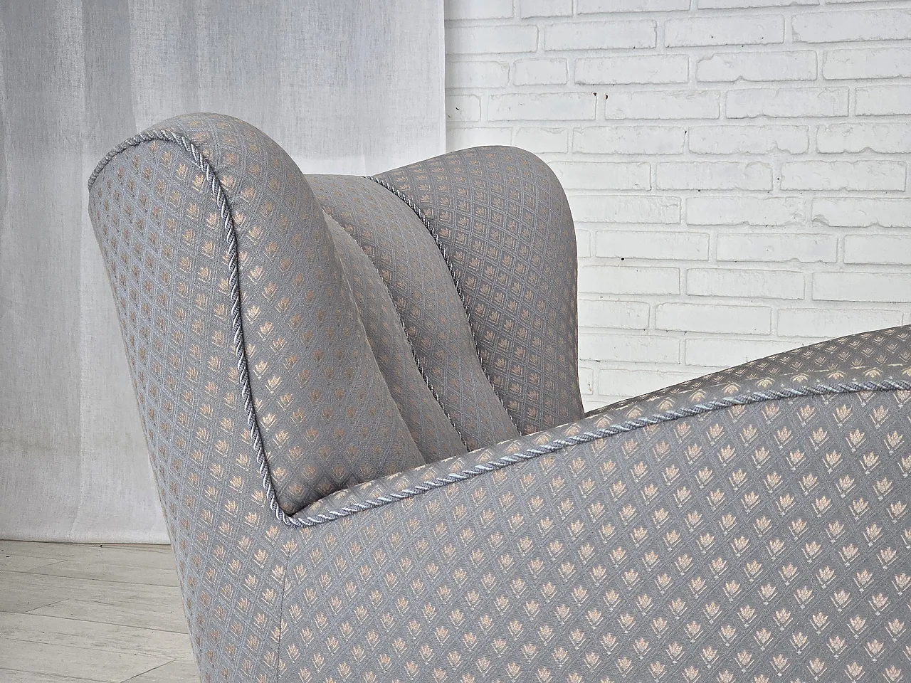 Danish armchair, fabric, carved oak wood, 1950s 9