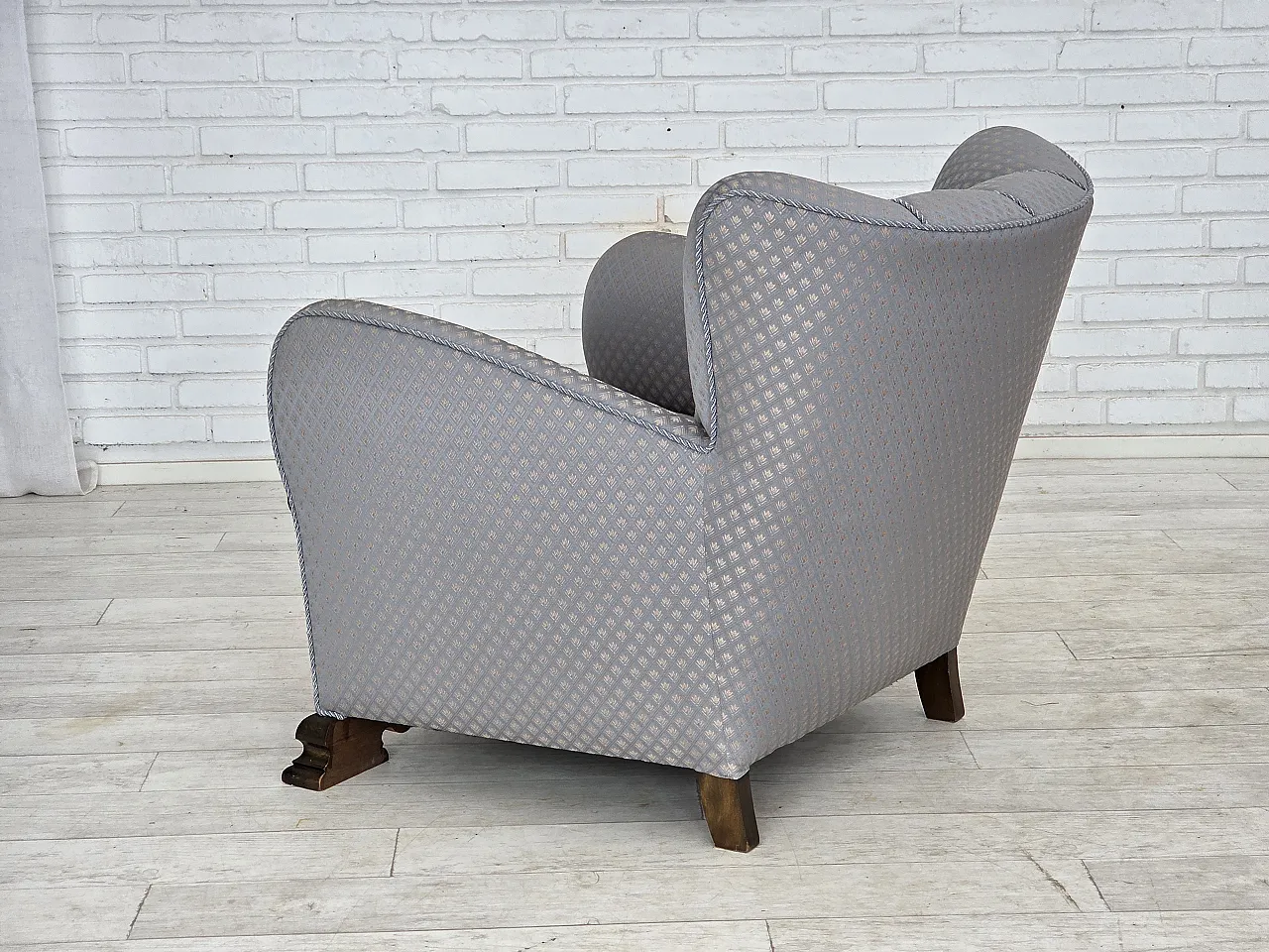 Danish armchair, fabric, carved oak wood, 1950s 14