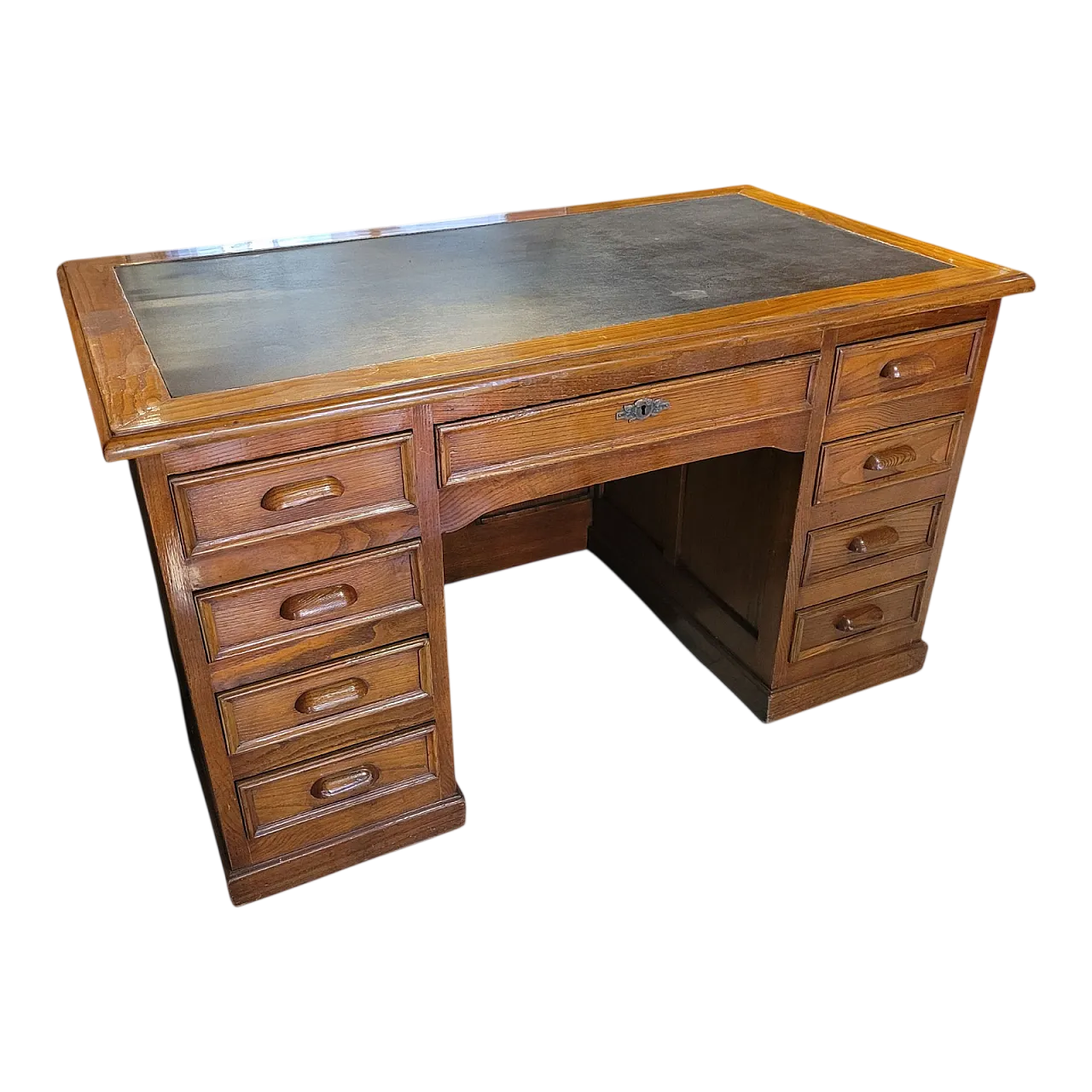 Scrivania in legno di rovere con piano in pelle nera, Italia 8