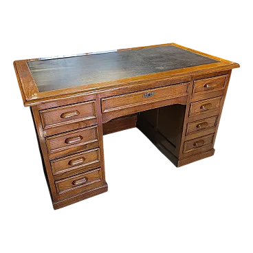 Scrivania in legno di rovere con piano in pelle nera, Italia