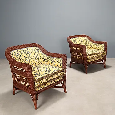 Pair of rattan armchairs with padded back and seat, 20th century