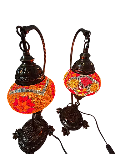 Coppia di lampade a mosaico turco e supporto in bronzo, anni ''90