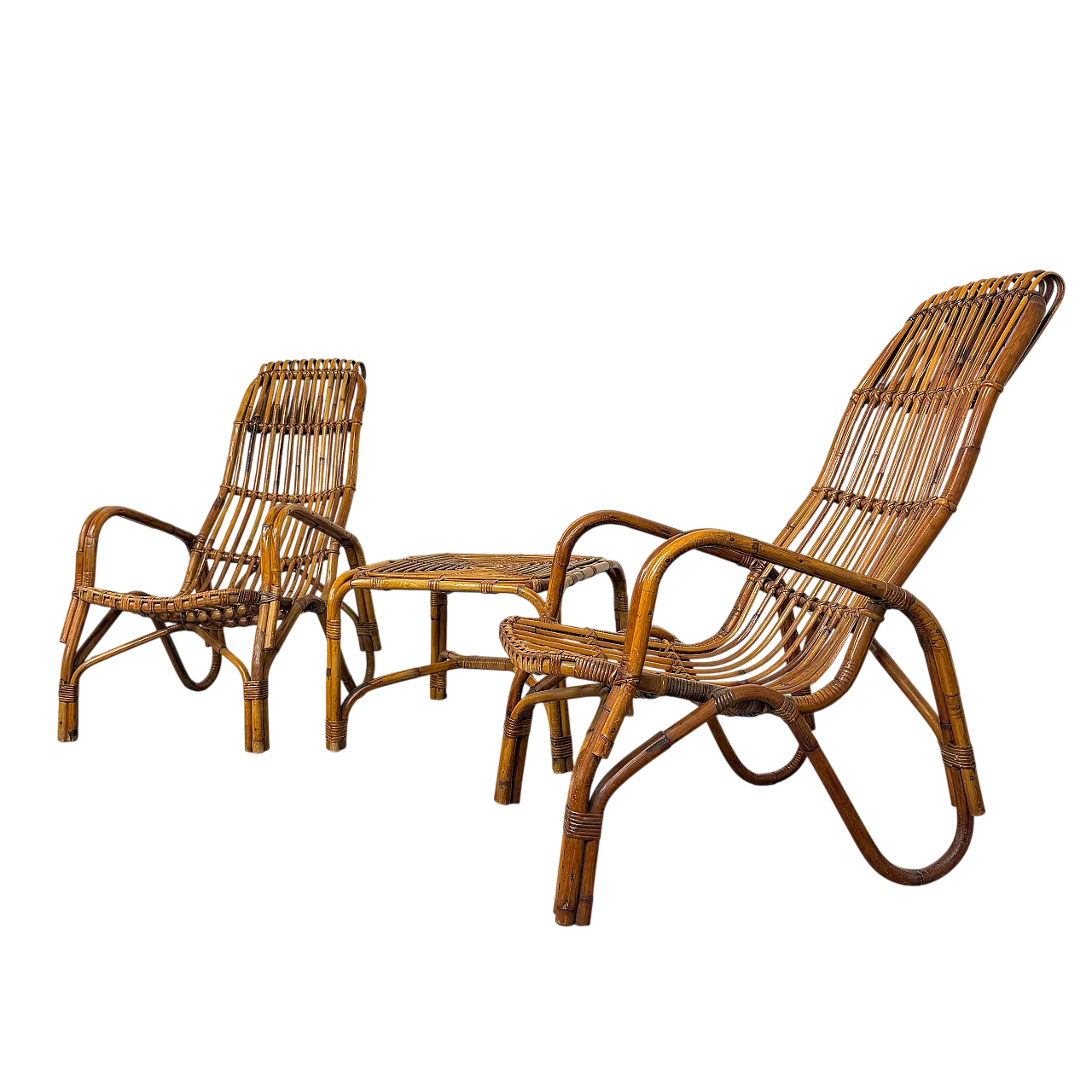 Set coppia poltrone e tavolino in vimini di giunco, anni ‘70 32