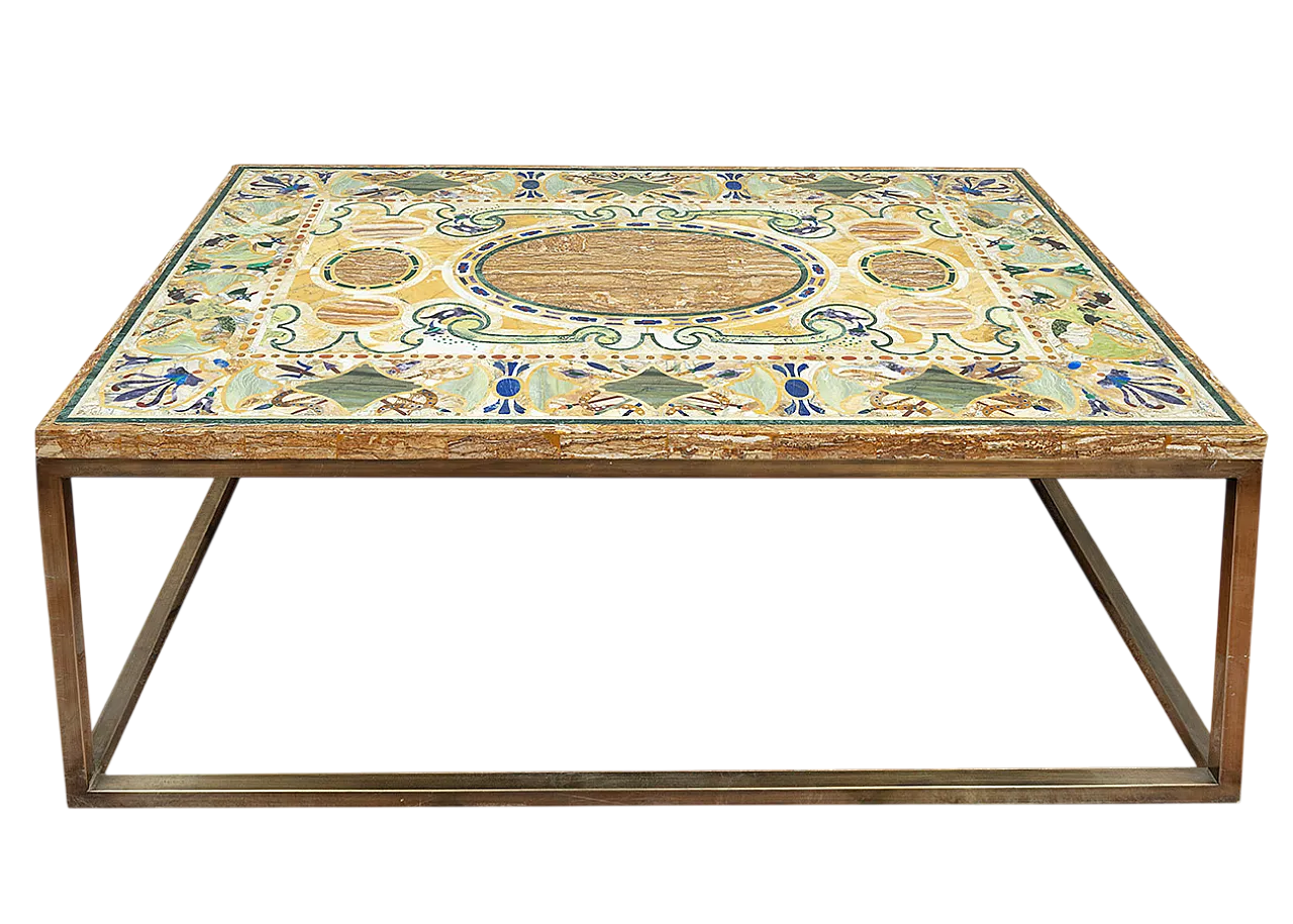 Brass coffee table with marble and semi-precious stone top, 20s 5