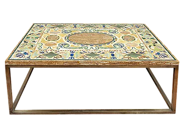 Brass coffee table with marble and semi-precious stone top, 20s