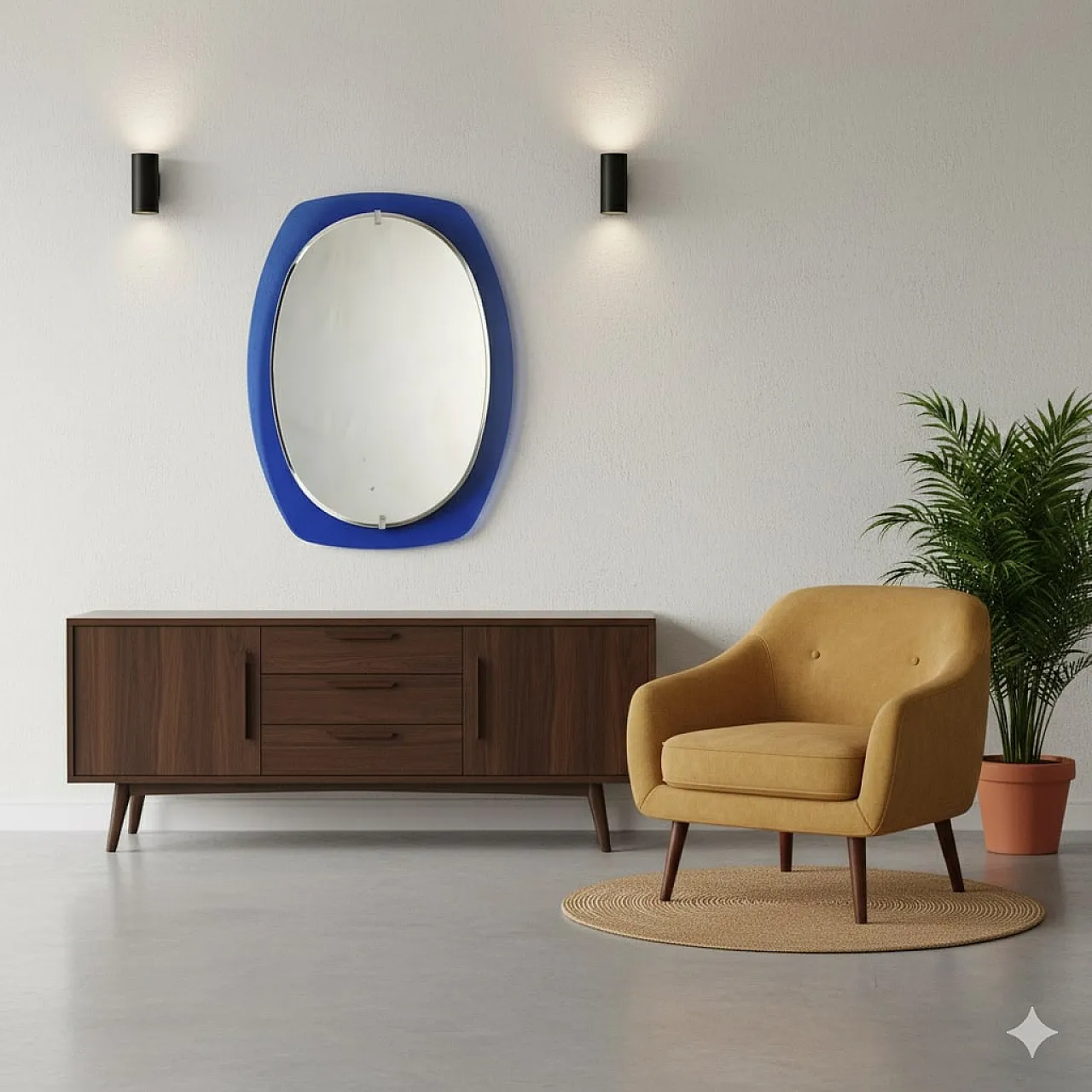 Oval mirror with glass blue frame, 1960s 2