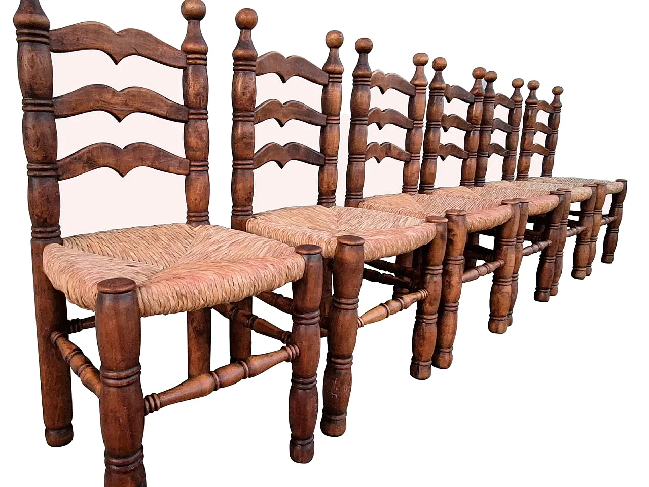6 Rustic Peasant Wooden Chairs with Straw Seat, 20th century 1