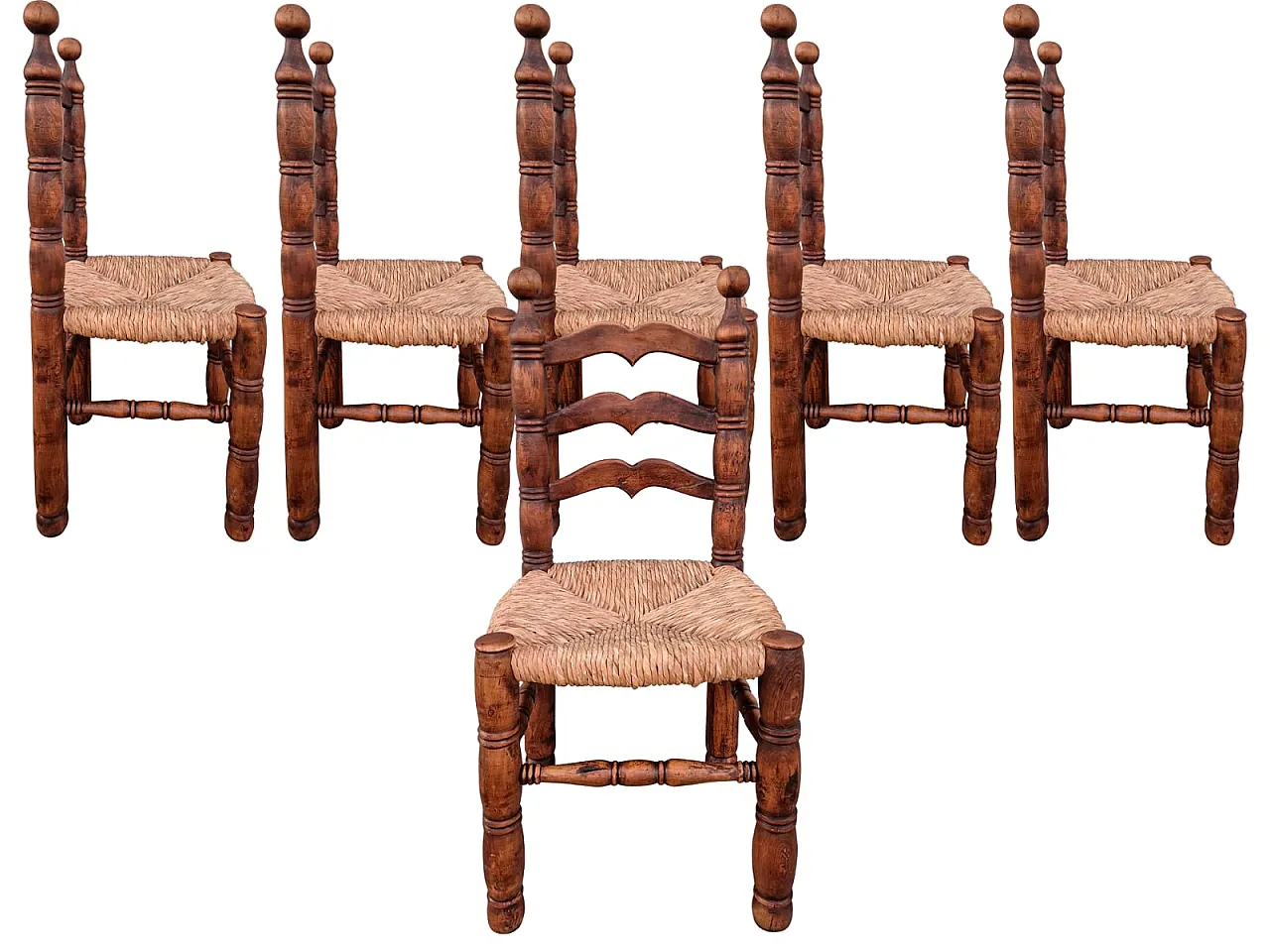 6 Rustic Peasant Wooden Chairs with Straw Seat, 20th century 2