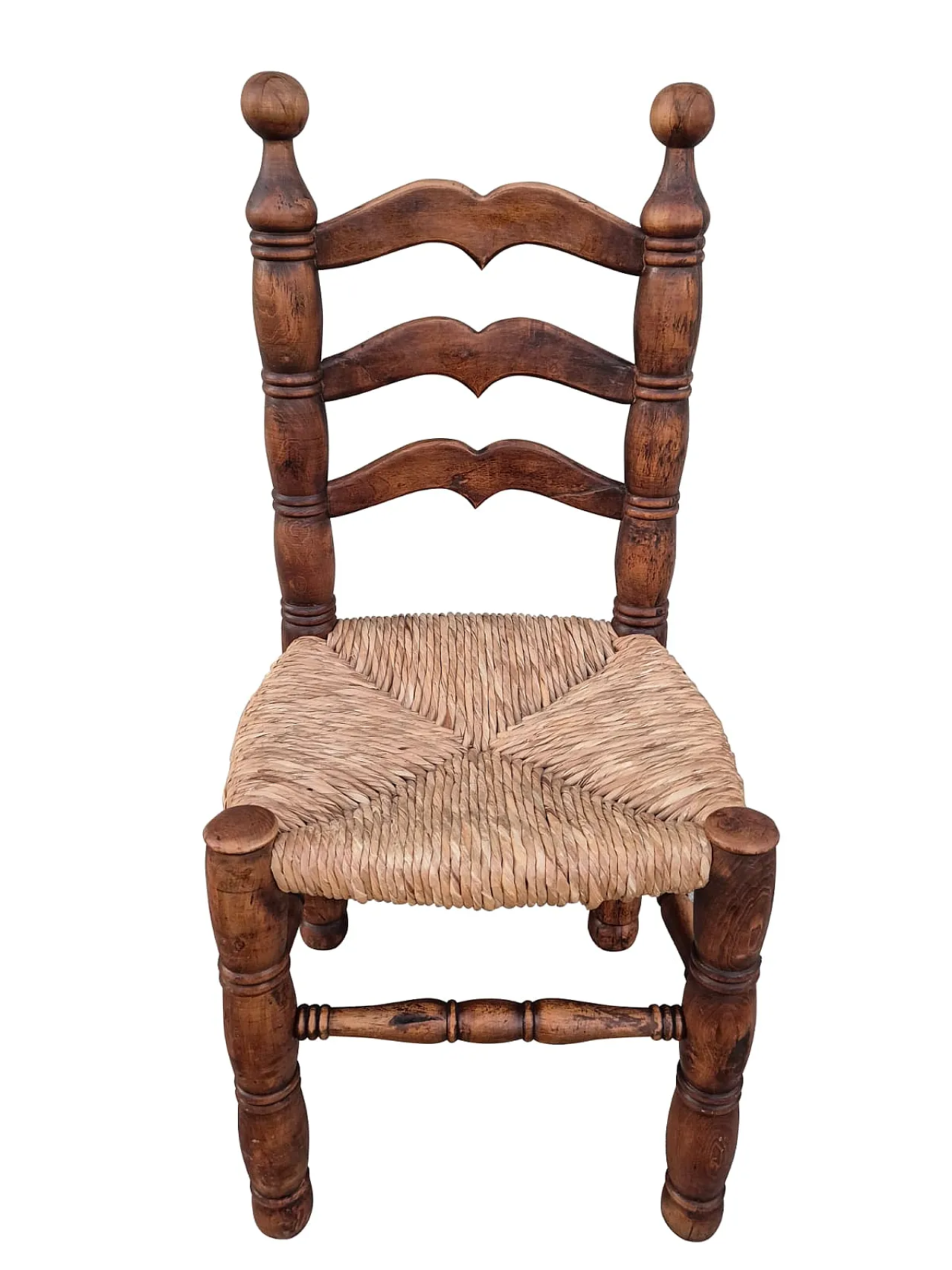 6 Rustic Peasant Wooden Chairs with Straw Seat, 20th century 5