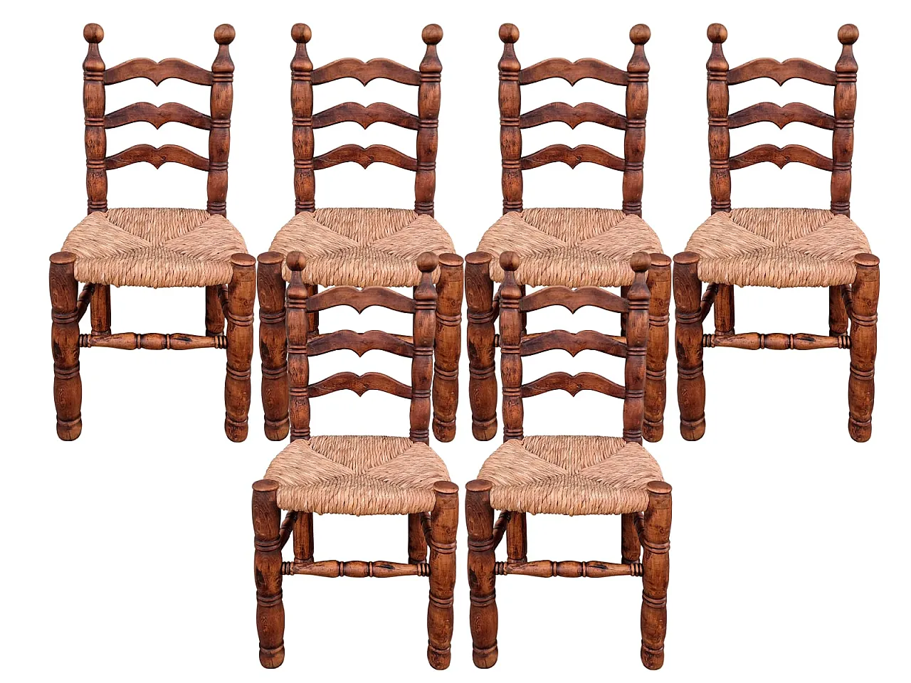 6 Rustic Peasant Wooden Chairs with Straw Seat, 20th century 7