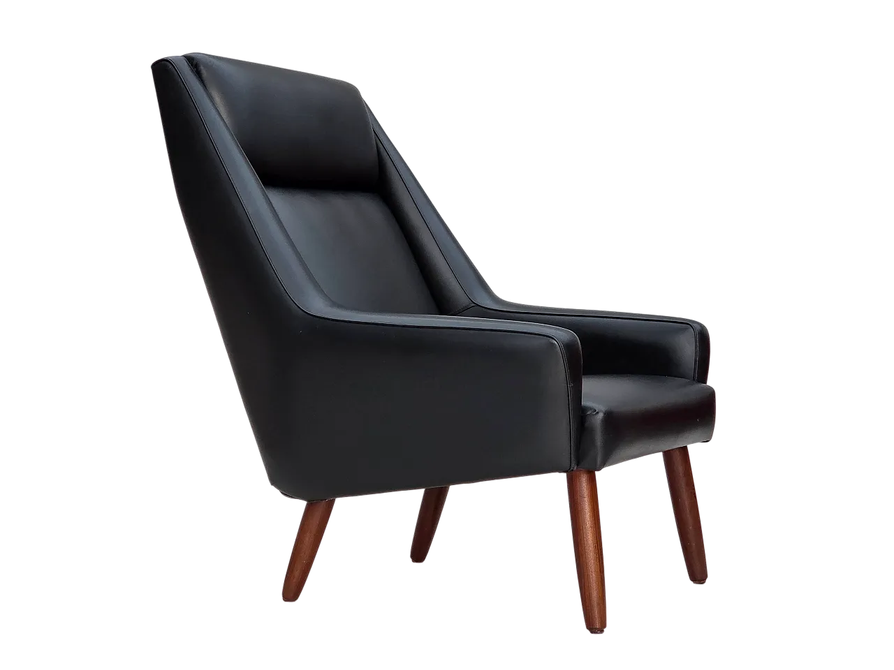 Poltrona danese in pelle artificiale nera e teak, anni '70 20