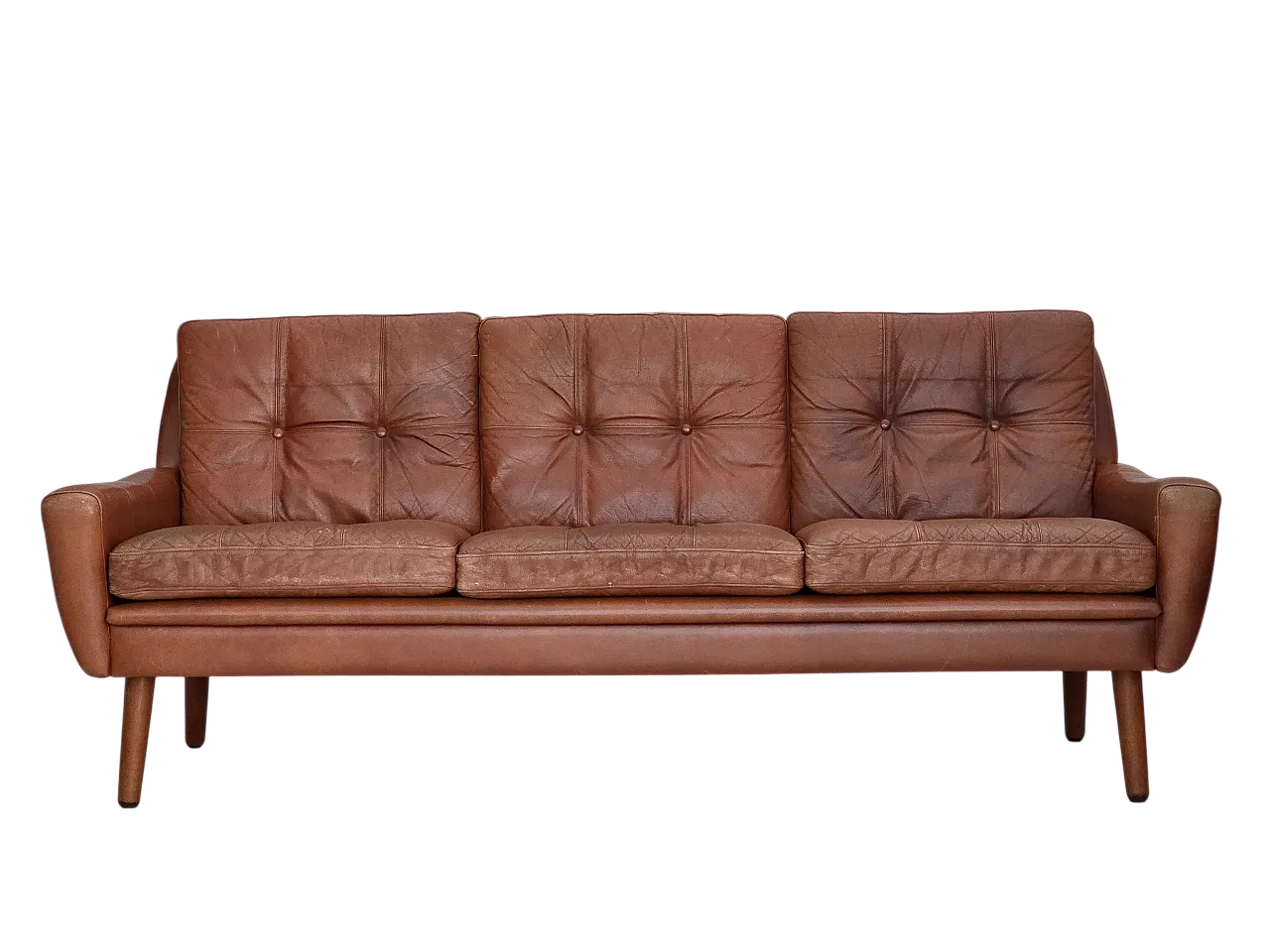 Divano danese a 3 posti, mobili in pelle marrone con patina, anni '70 20