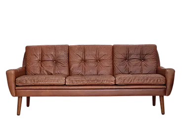 Divano danese a 3 posti, mobili in pelle marrone con patina, anni '70