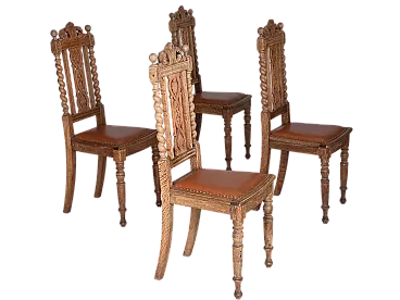 4 sedie da pranzo danesi, legno di quercia in pelle, anni '30