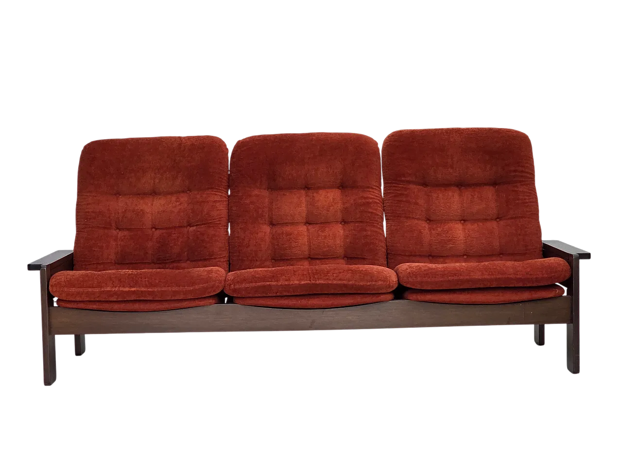 Divano danese a 3 posti in velluto arancione/rosso e quercia, anni '70 21