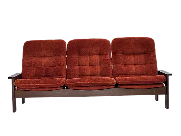 Divano danese a 3 posti in velluto arancione/rosso e quercia, anni '70