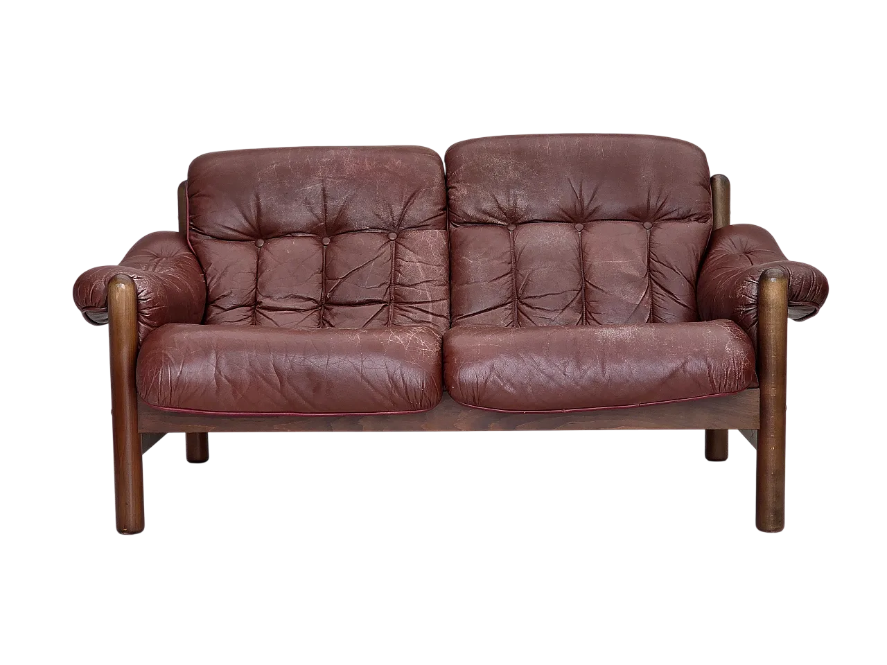 Divano svedese a 2 posti, pelle marrone con patina, anni '70 21