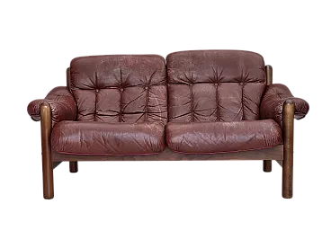 Divano svedese a 2 posti, pelle marrone con patina, anni '70