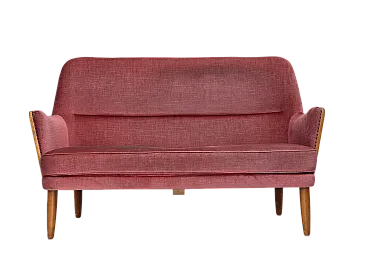 Divano svedese a 2 posti in velluto rosa, legno di faggio, anni '70