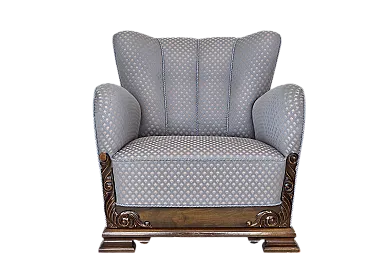 Poltrona danese, tessuto, legno di rovere intagliato, anni '50