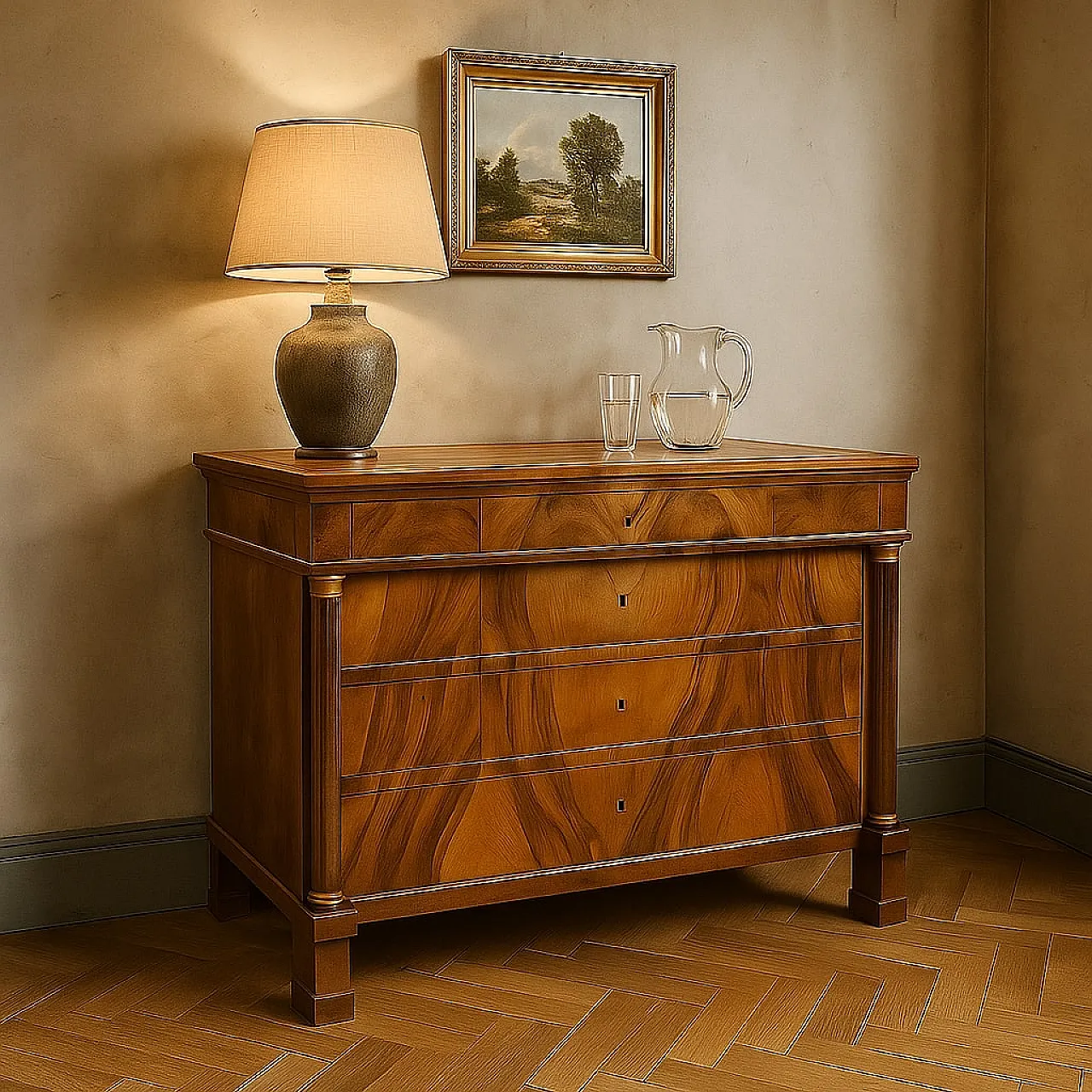 Cassettone Impero in noce, pioppo e bronzo, '800 2