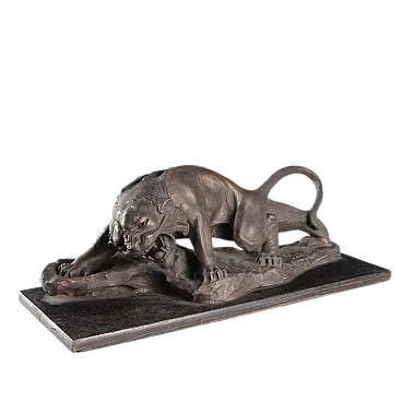 Scultura felino ruggente di Villarrubia in bronzo e legno, '900