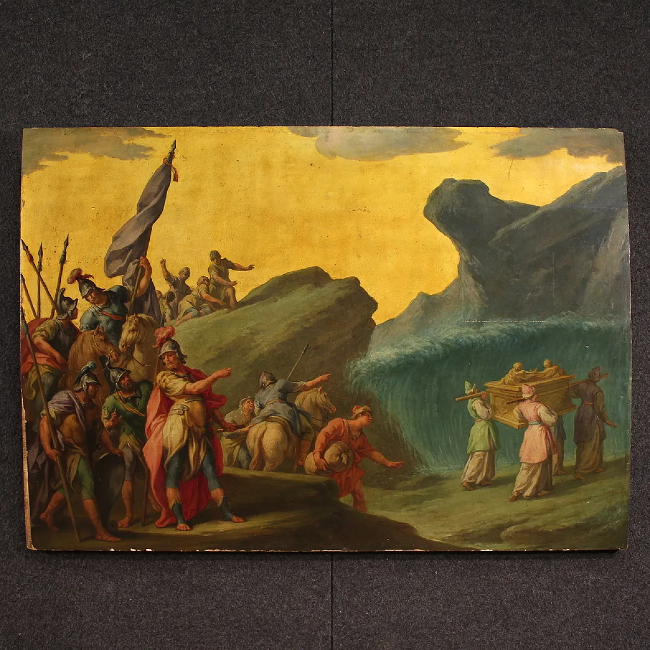 Italian painting on wood the crossing of the Jordan, 18th century 1