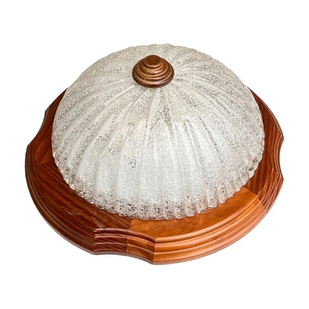 Lampada da soffitto in vetro ghiacciato e legno, anni '70 1