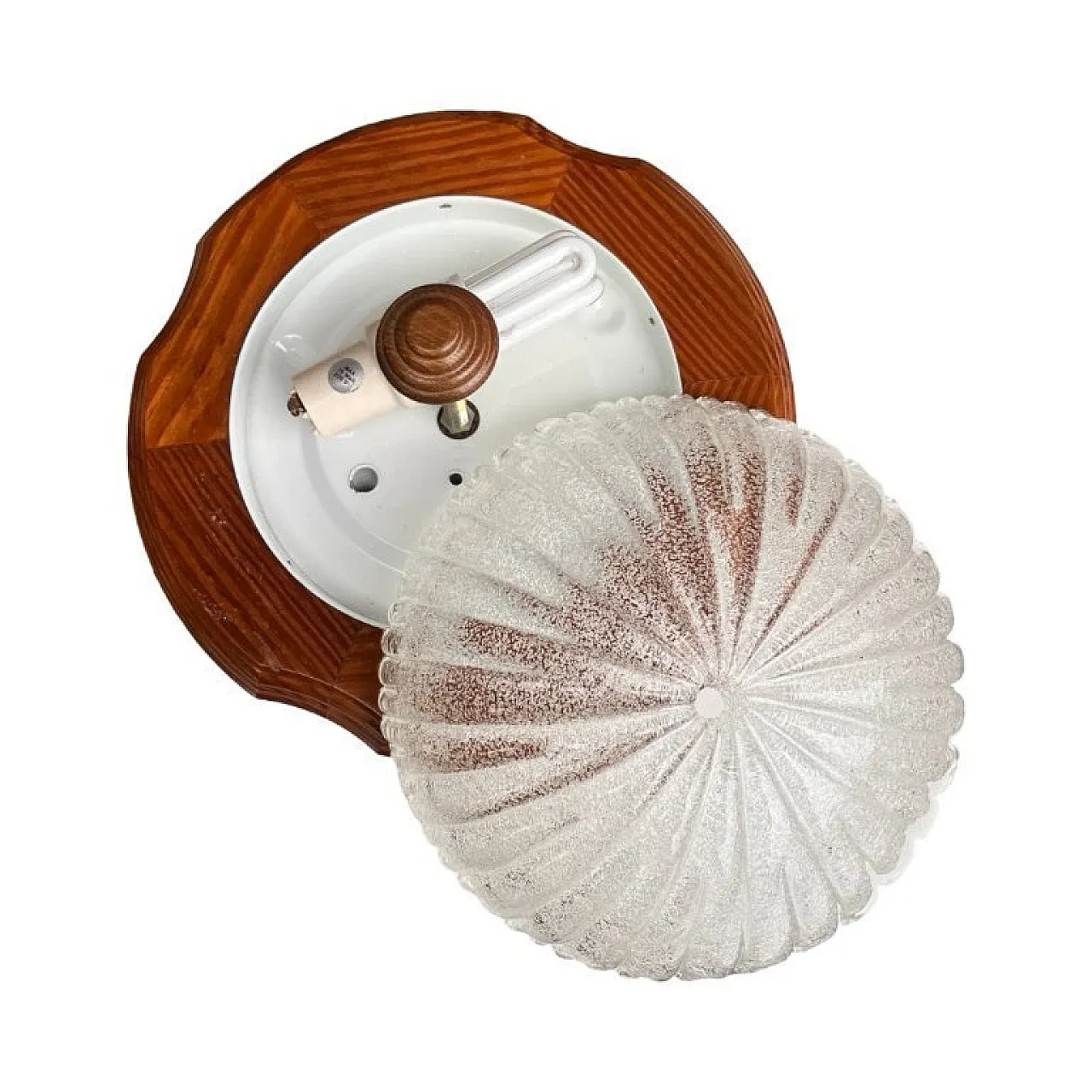 Lampada da soffitto in vetro ghiacciato e legno, anni '70 2