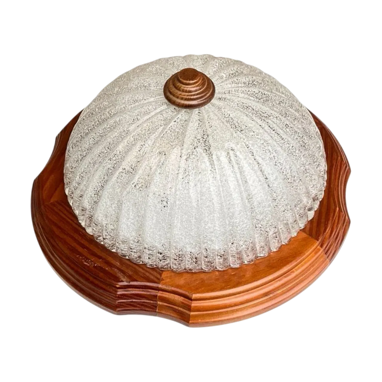 Lampada da soffitto in vetro ghiacciato e legno, anni '70 4