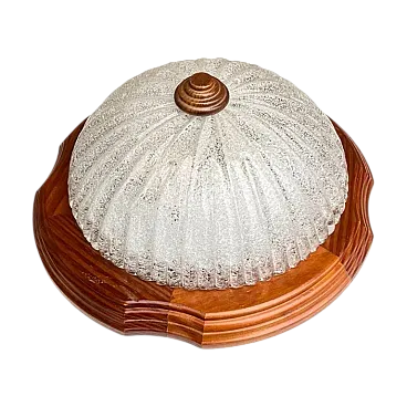Lampada da soffitto in vetro ghiacciato e legno, anni '70