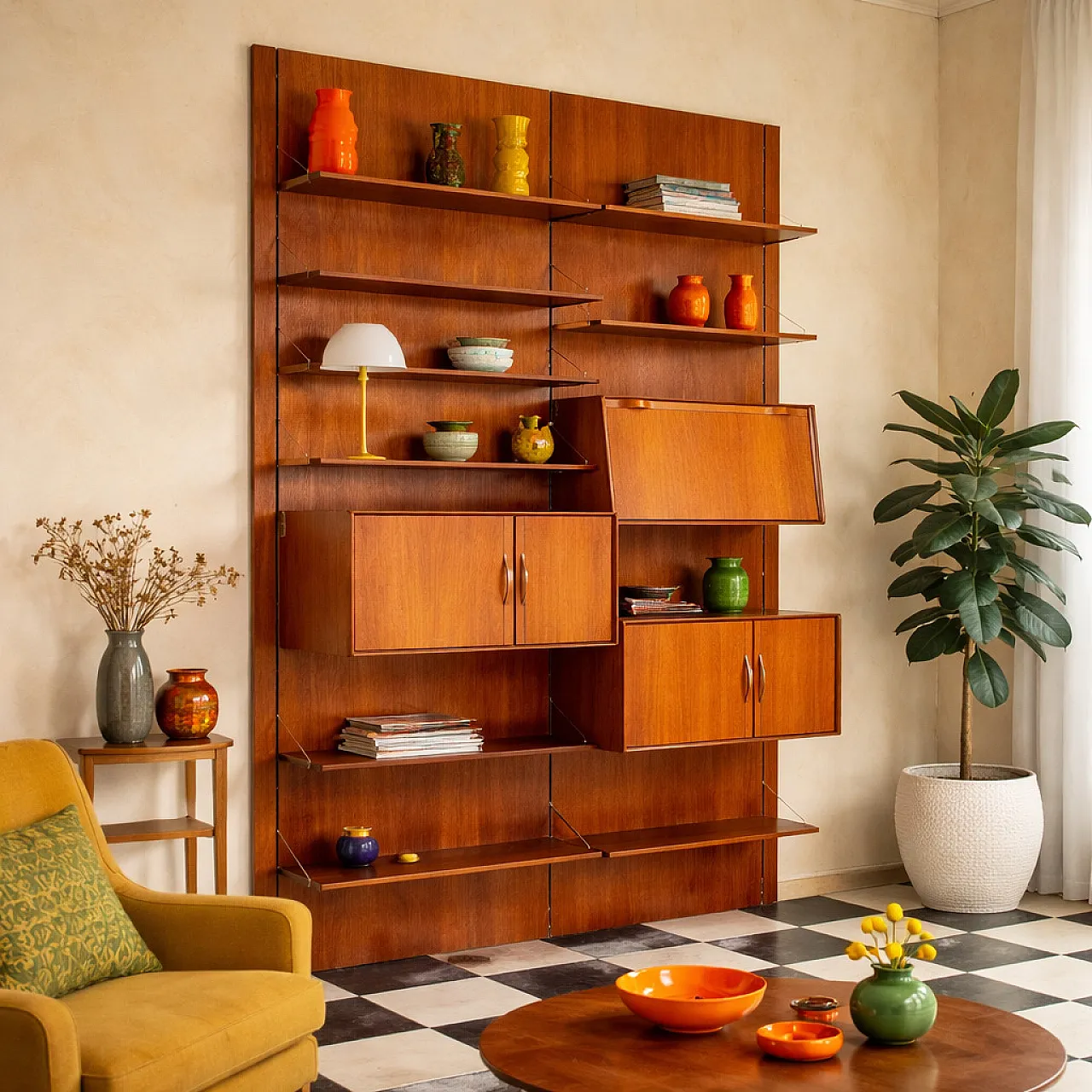 Libreria a doppia campata impiallacciata in teak, '900 2